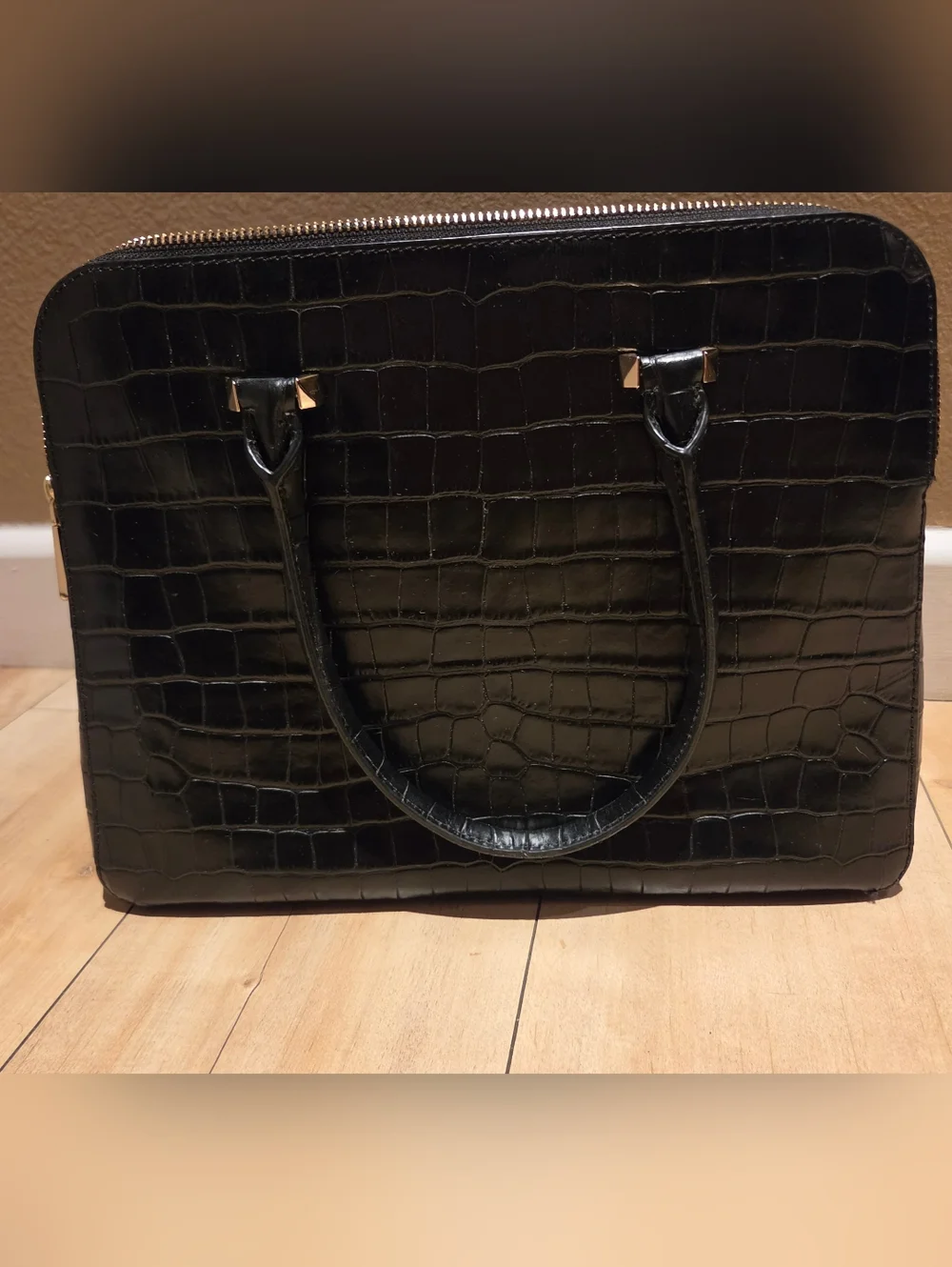 Michael Kors Black Croc-Embossed Leather Satchel with Gold Hardware
